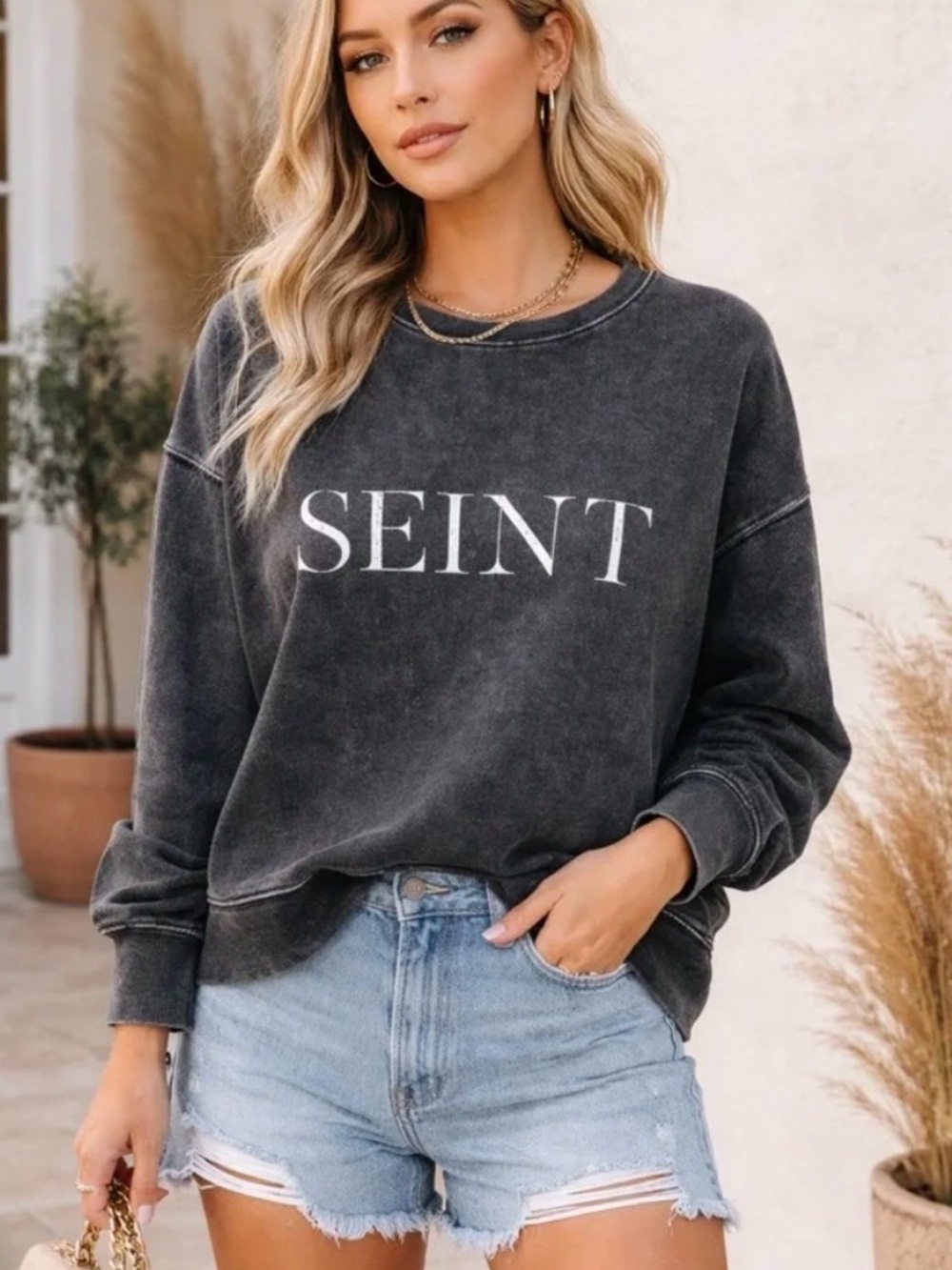Seint Cropped Distressed Crewneck Sweatshirt NWT Size XL